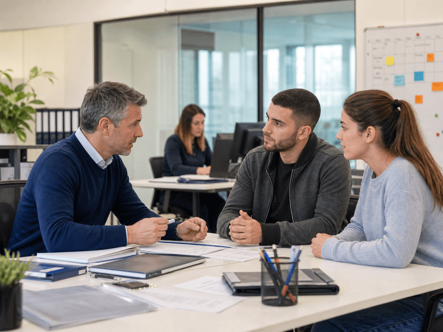 Recruitment consultant interviewing qualified candidates in a modern European office