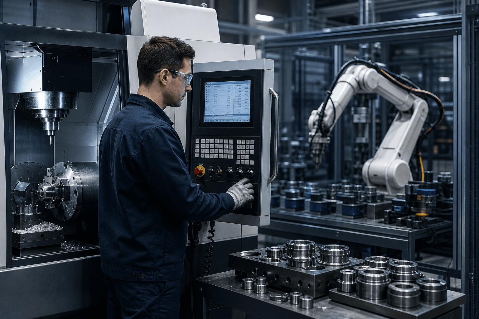 CNC technician operating automated industrial machinery