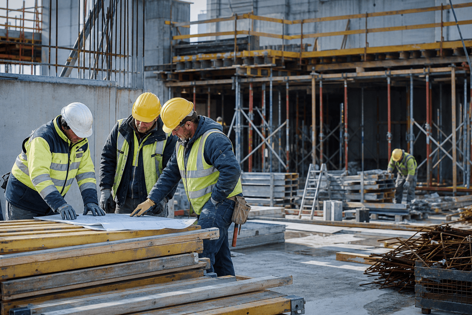 Construction workers on a civil works site with scaffolding and materials