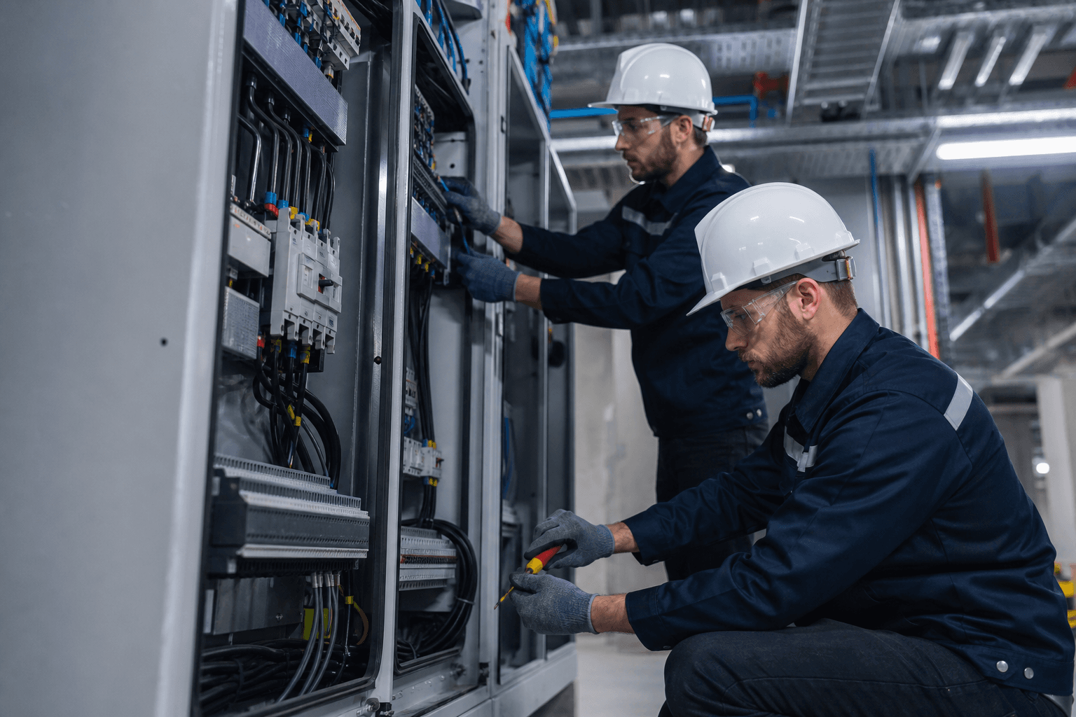 Electricians installing industrial electrical systems