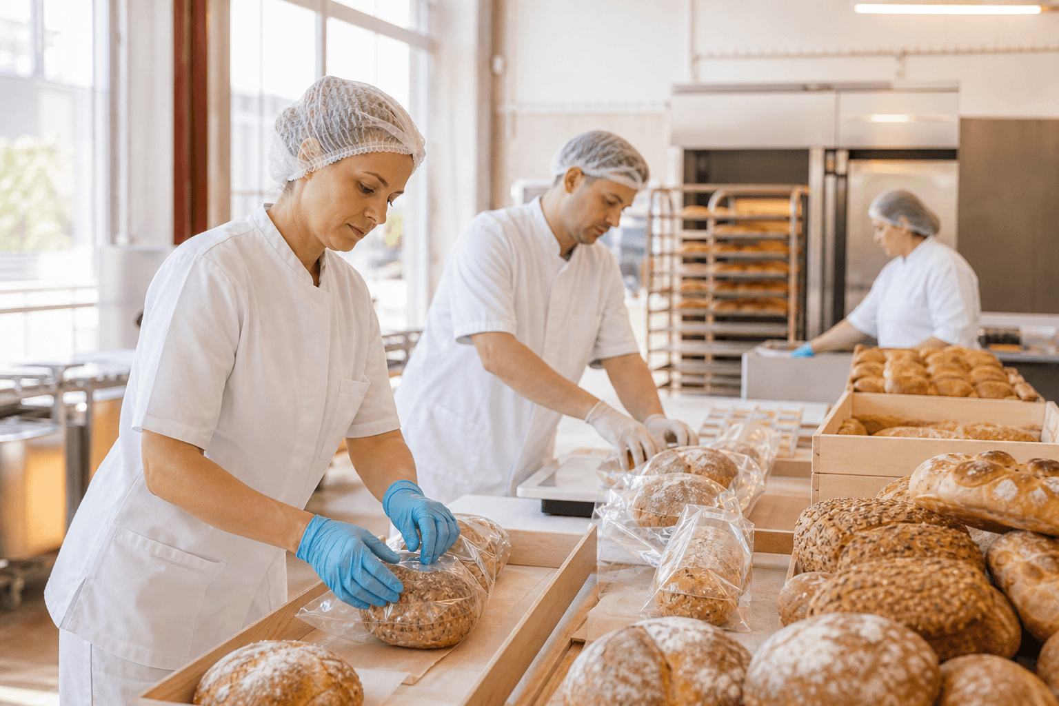 Bakery workers preparing bread in a professional production bakery