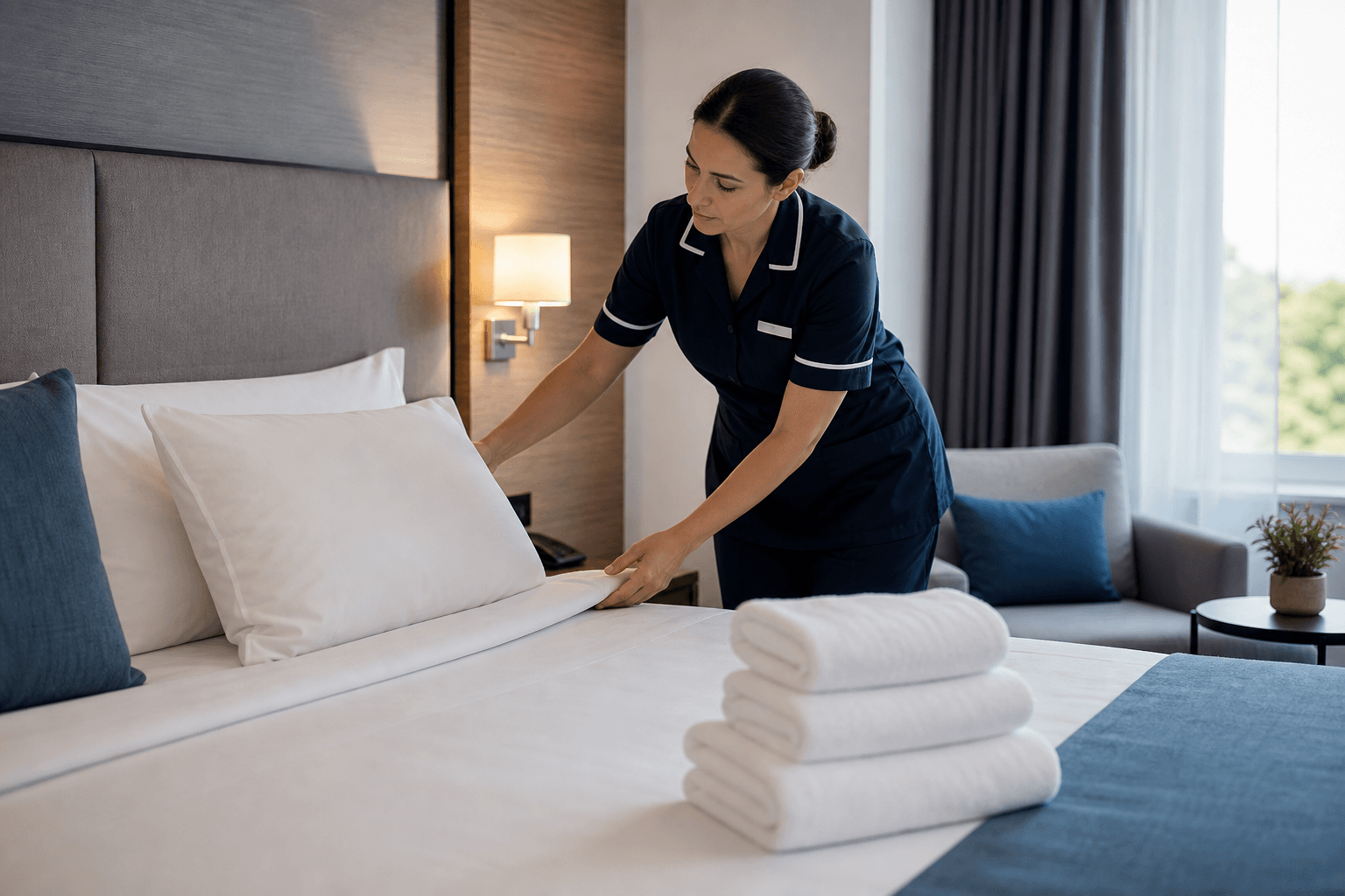 Professional housekeeper preparing a modern hotel room