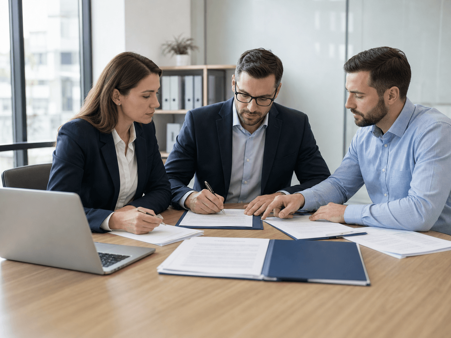 Professionals reviewing employment documents in a modern office