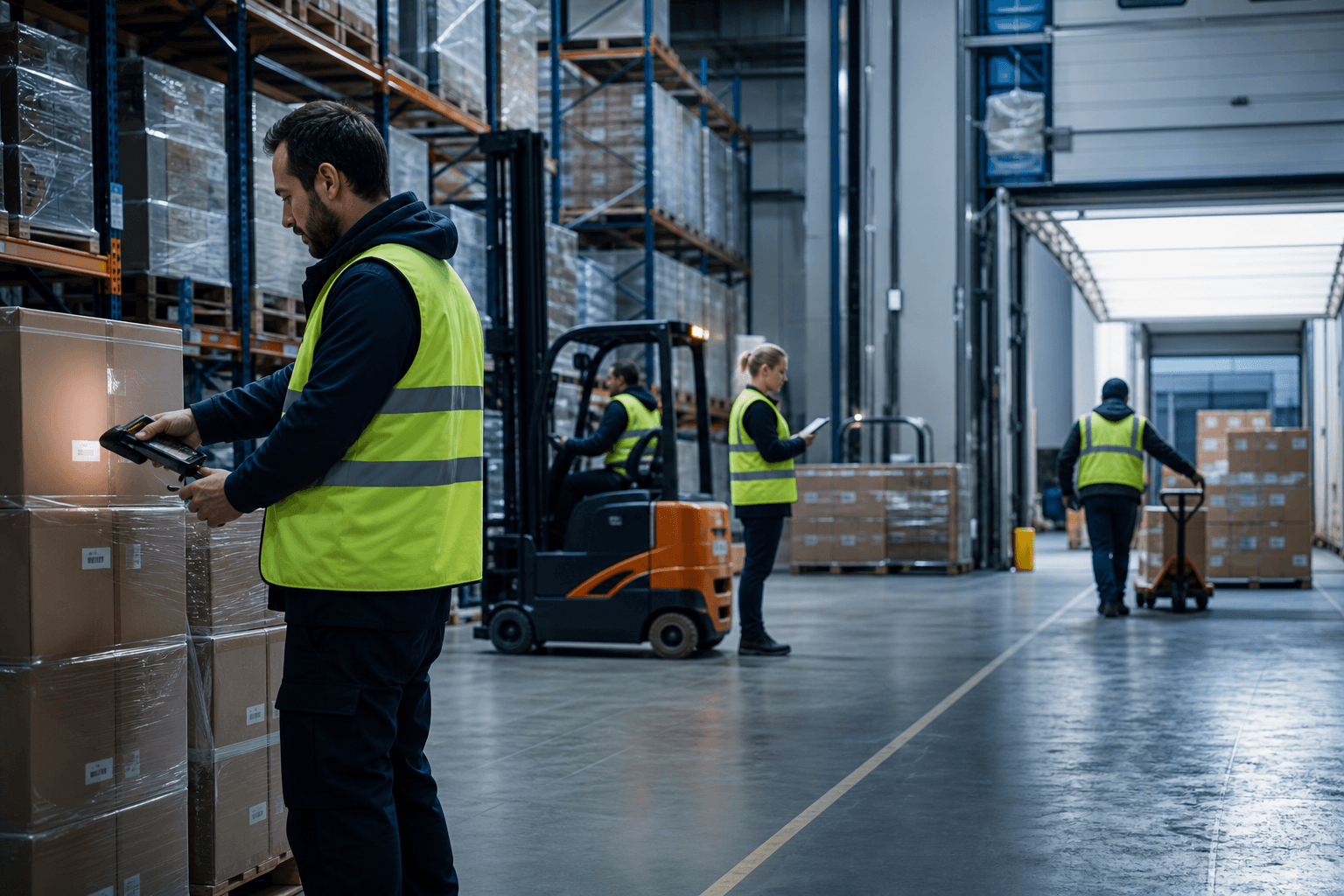 Warehouse staff working with forklifts and packed goods