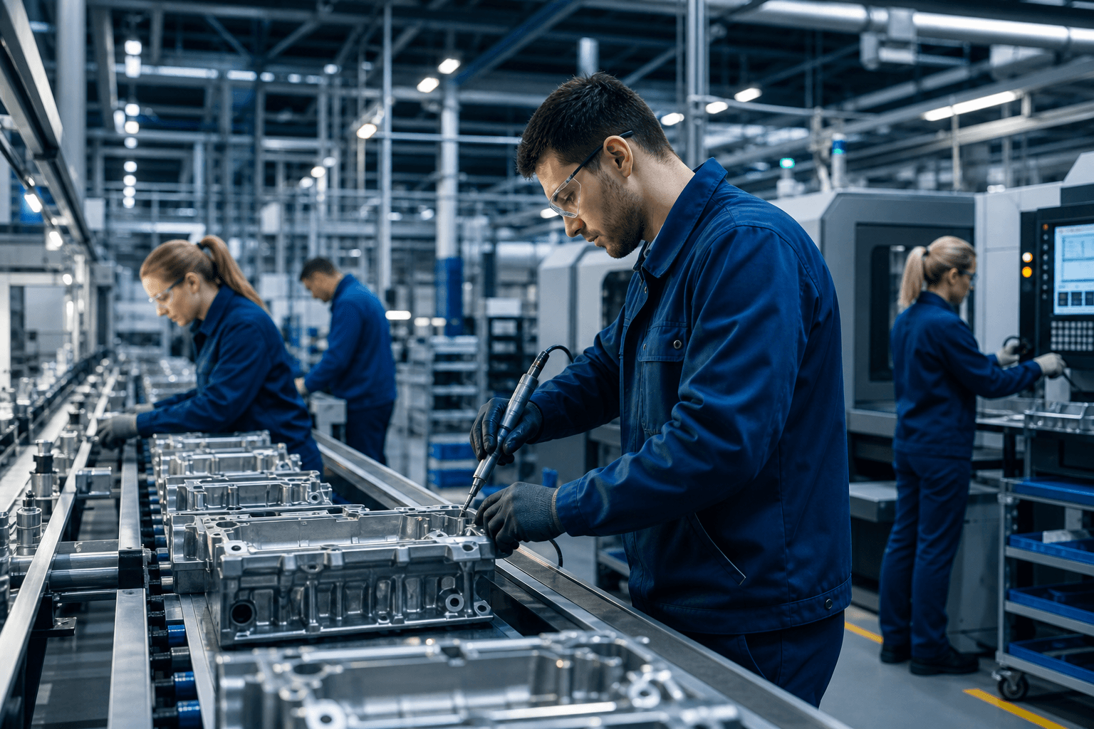 Manufacturing workers operating a factory production line