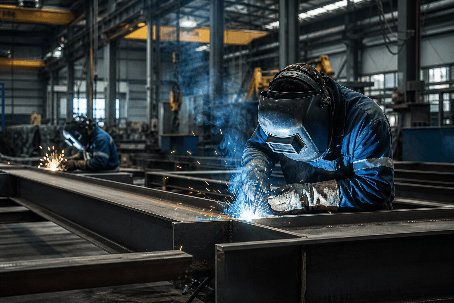 Professioneller Schweißer bei Arbeiten an Stahlträgern mit sichtbarem Funkenflug in einer Industriewerkstatt