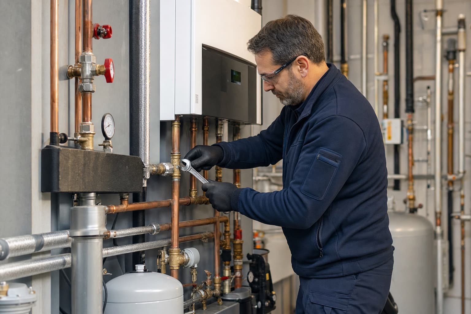 Plumbing and heating installer working on a building-services system