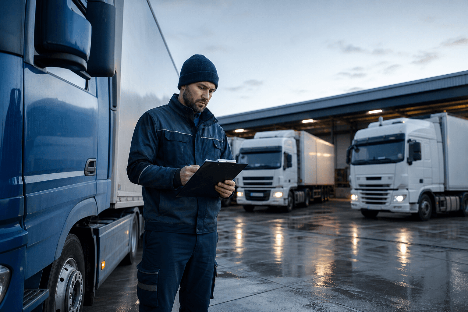Professional truck driver preparing a vehicle in a logistics yard