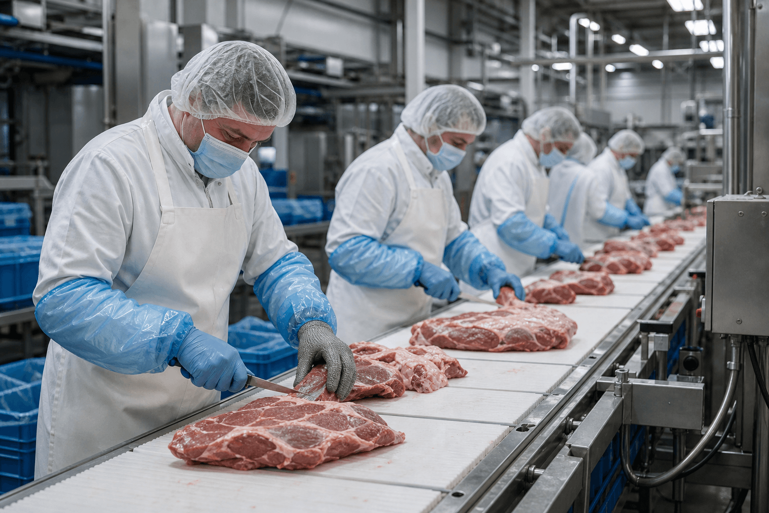 Workers in protective clothing on an industrial meat processing line