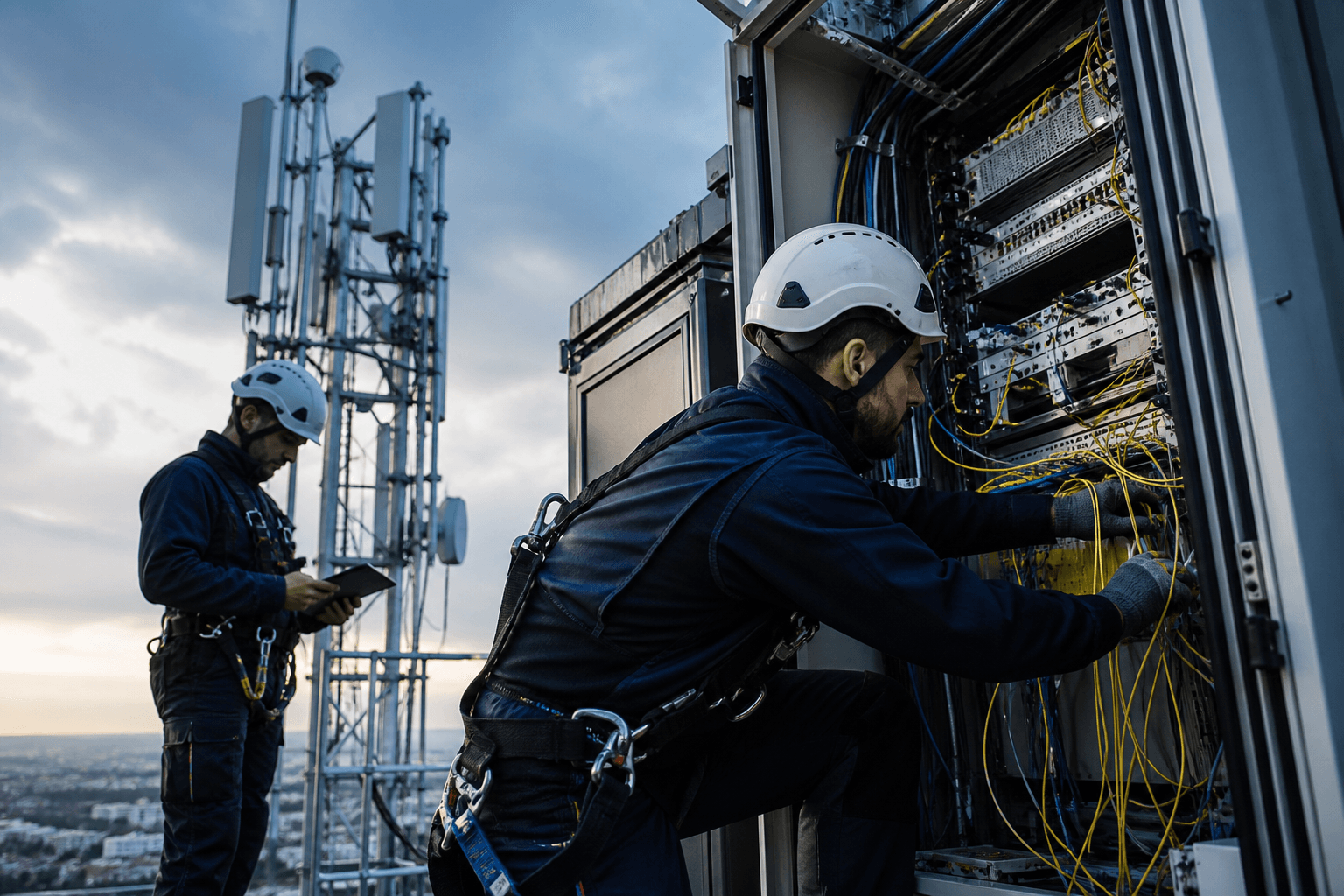 Telecom technicians working on fibre-optic and communications infrastructure